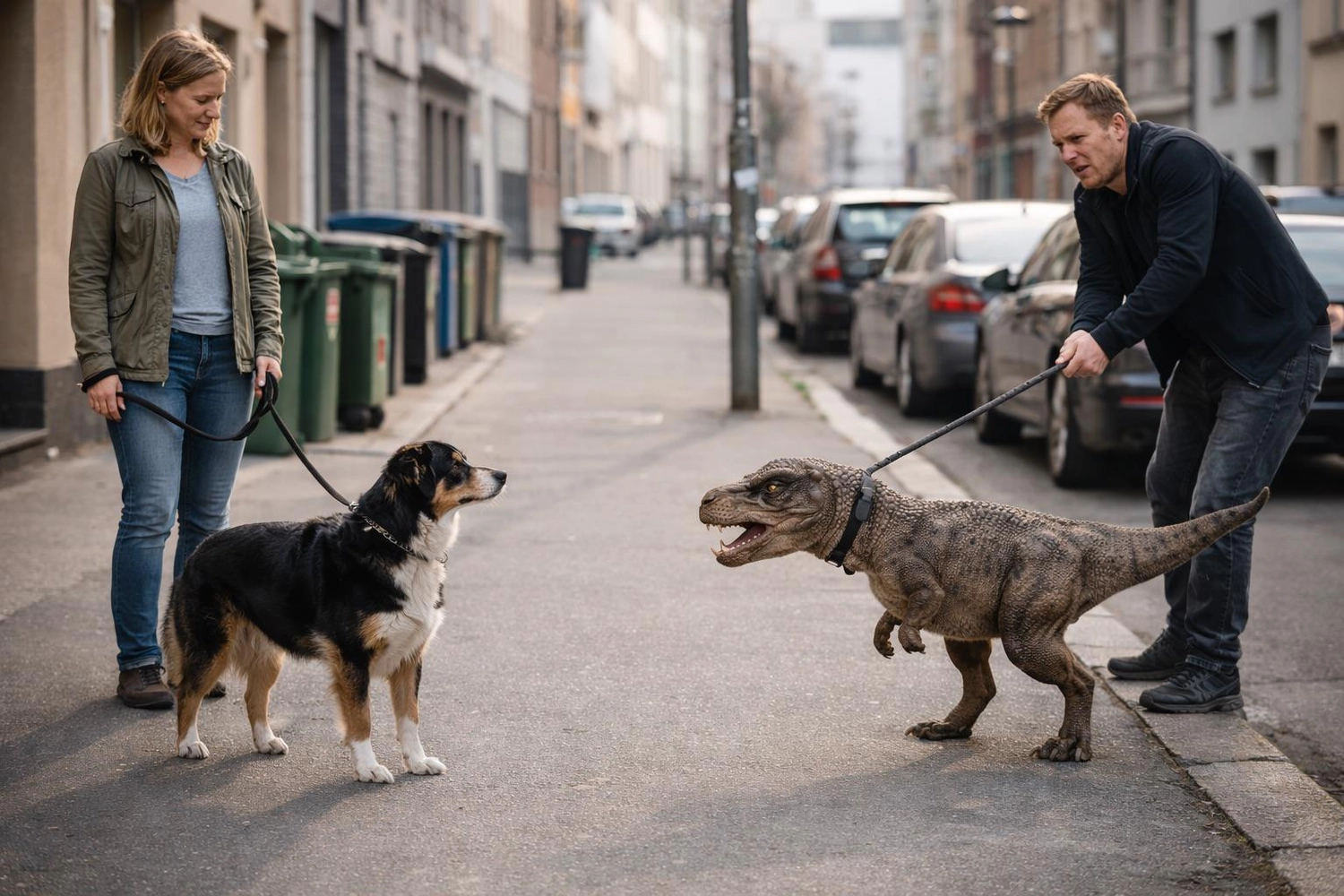 HeartcoredogsBerlin – Hundetraining – Auf einer Straße in der Stadt führt eine Person einen Hund und eine andere Person einen kleinen Dinosaurier spazieren.