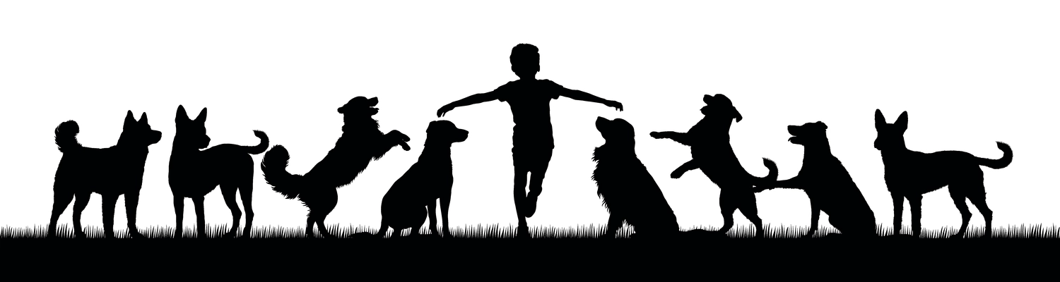 HeartcoredogsBerlin - Hundetraining - Panorama-Silhouette-Illustration eines Kindes, das mit einer Gruppe von Hunden spielt.